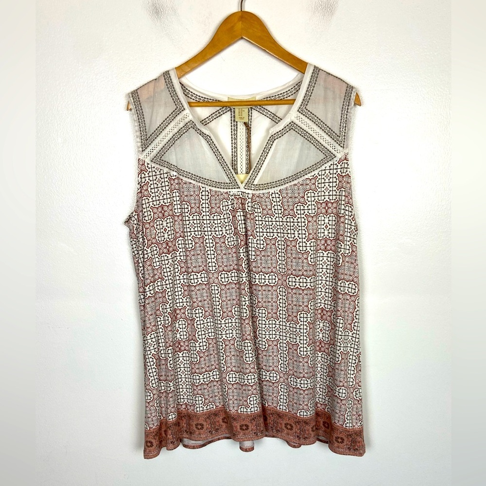 Cynthia Rowley Boho Sleeveless Tunic Top Size 1X Embroidered Cotton Tribal Print